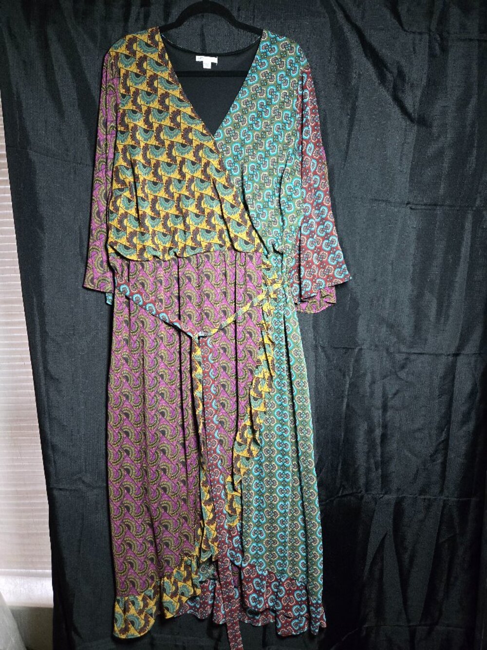 Cato 28W Boho Wrap Style Maxi Dress Bell Sleeves Ruffle